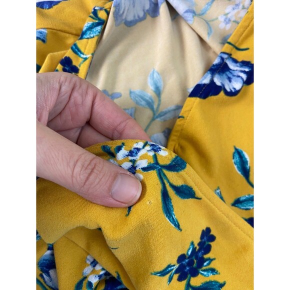 By & By Women's XXL Mustard Yellow Blue Floral Wrap Tie Maxi Dress Stretch HOLE - Picture 9 of 10